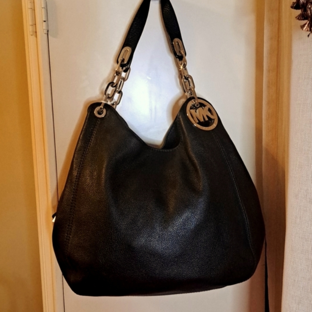 Michael Kors Black Pebble Leather Satchel or Shoulder Bag/ Gourgous Silver Hdw